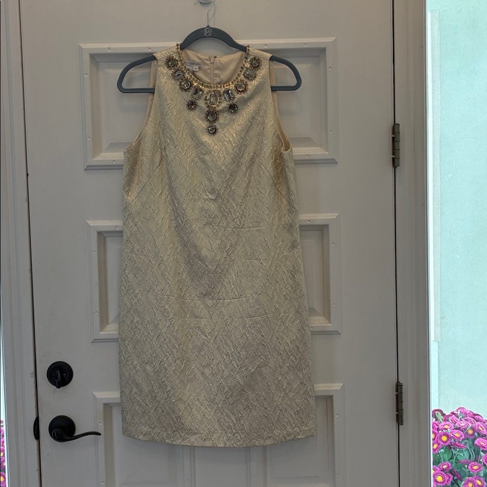 Maggy London Cream Sleeveless Dress with Embellished Neckline